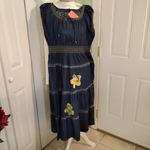 Sleeveless Navy Tiered Midi Dress with Embroidered Waist and Floral Appliqués